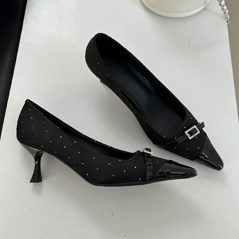 Pointed Toe Low Heel Shoes Belt Buckle Office Thin High Heels Female Shallow Pumps Zapatos De Mujer