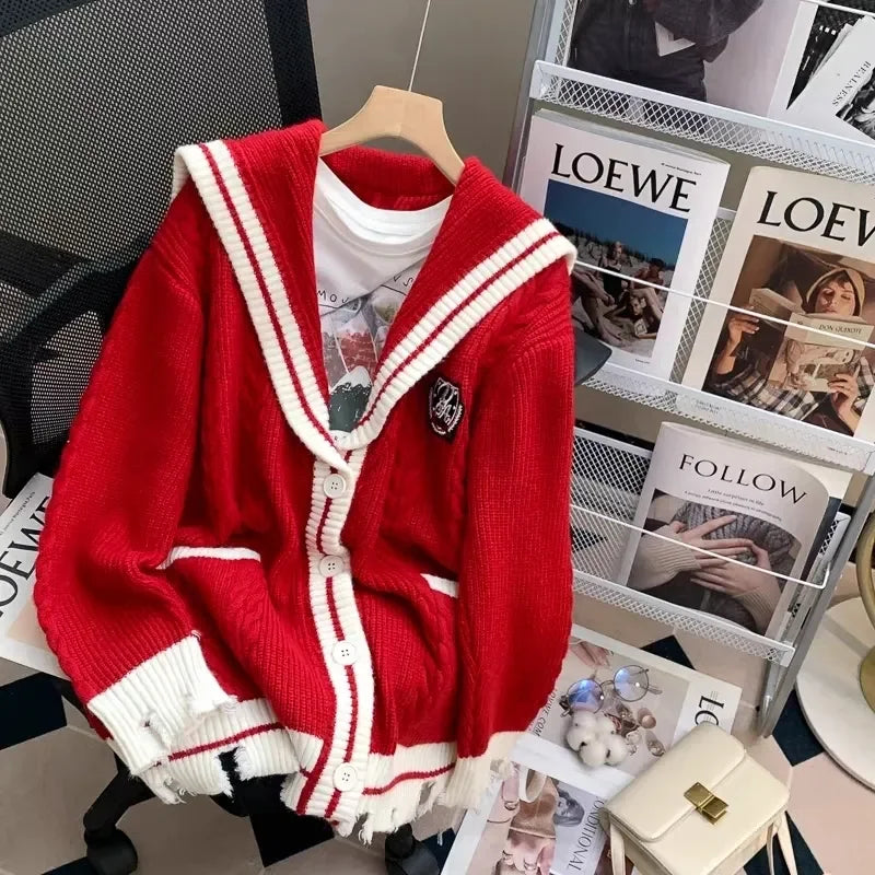 Sailor Collar Knitted Cardigan Oversized Preppy Style Sweaters Coat for Korean Style New