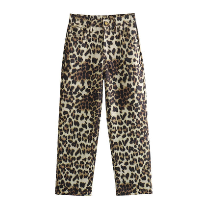 Female Leopard Print High Waist Pants Button Pockets Straight Leg Pant Female Slim Trousers
