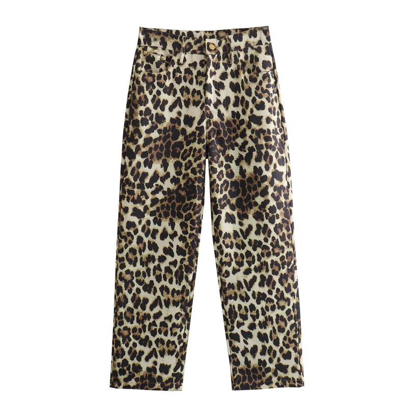 Female Leopard Print High Waist Pants Button Pockets Straight Leg Pant Female Slim Trousers
