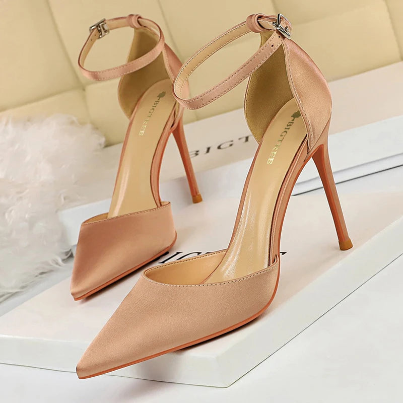 Shoes Satin With Shallow Pointed Pumps Buckle High Heels Female Shoes Stiletto Heels Sandals Party Shoes