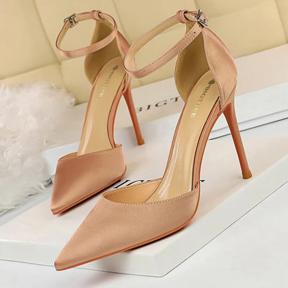Shoes Satin With Shallow Pointed Pumps Buckle High Heels Female Shoes Stiletto Heels Sandals Party Shoes