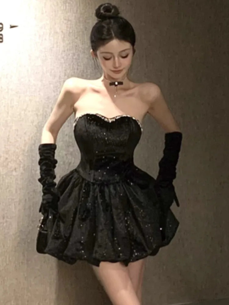 Black Velvet Dresses Y2k Strapless Birthday Party Mini Dress Korean Slim Waist Aline Short Vestidos Female Clothing