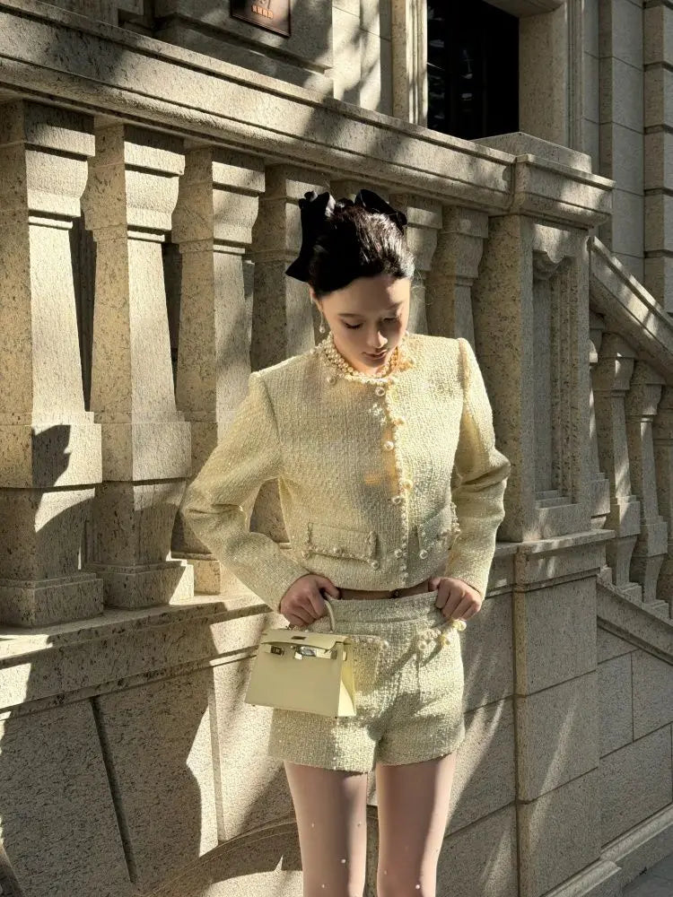 Autumn French Highend Suit Socialite Sweet Short Coat Top High Waist Slim Shorts Set Commuter Two Piece Sets Outfits