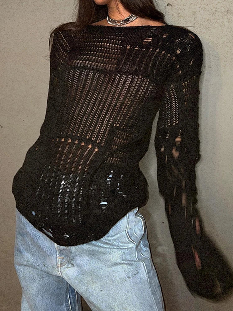 Ripped Full Length Pullovers Knitting Loose Beggar Style Hollow Out Lady T-shirt Harajuku Y2k