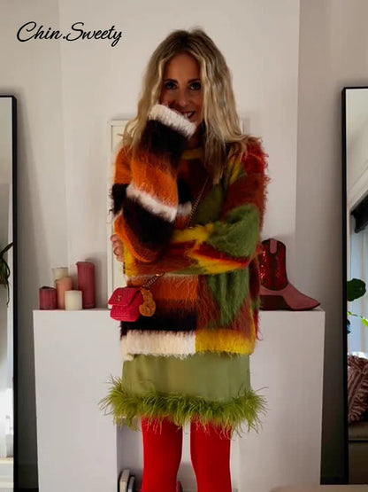 Mohair Knit Pullover Colorful O-neck Long Sleeve Loose Sweater New Autumn Lady All-matching Knitwear