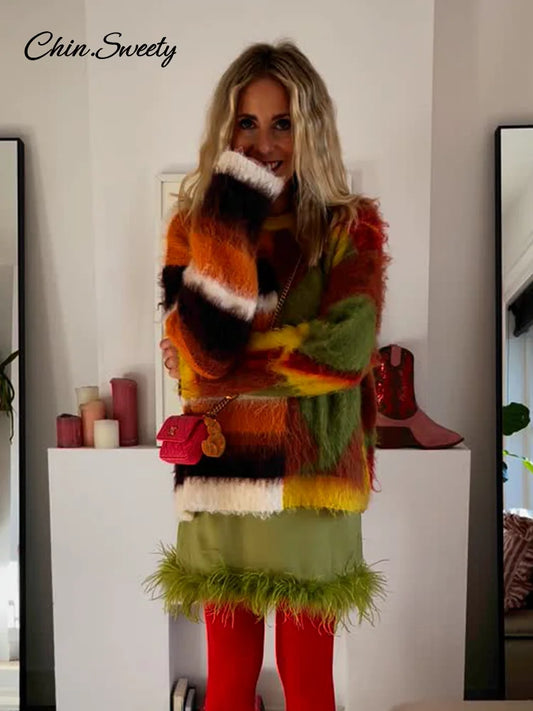 Mohair Knit Pullover Colorful O-neck Long Sleeve Loose Sweater New Autumn Lady All-matching Knitwear