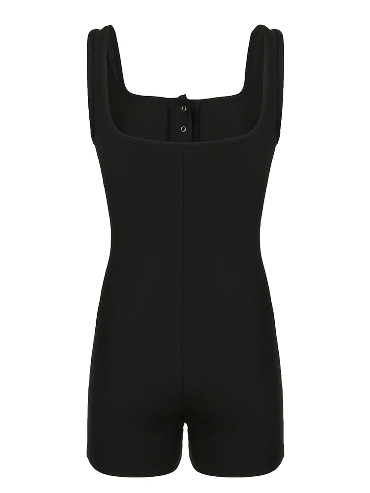 Black Ribbed Sleeveless Square Collar Skinny Rompers Buttons Details Basic Tank Bodys Playsuits