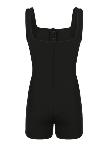 Black Ribbed Sleeveless Square Collar Skinny Rompers Buttons Details Basic Tank Bodys Playsuits