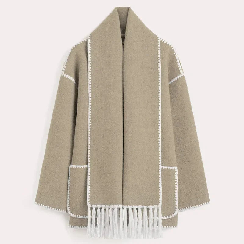 Loose Coat With Scarf Long Sleeve Pocket Single Breasted Female Coats Autumn Winter Lady Jacket