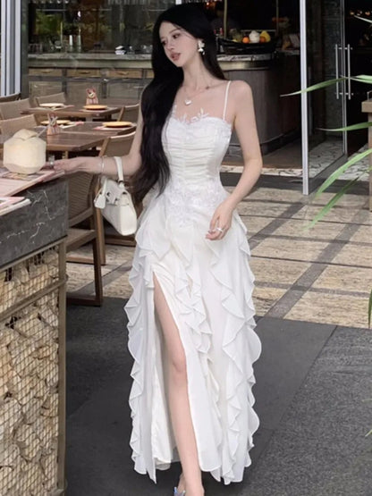 Korean Sweet Fairycore Long Dresses for Spaghetti Strap Ruffles Princess Party Dress Summer Slim Waist Vestidos