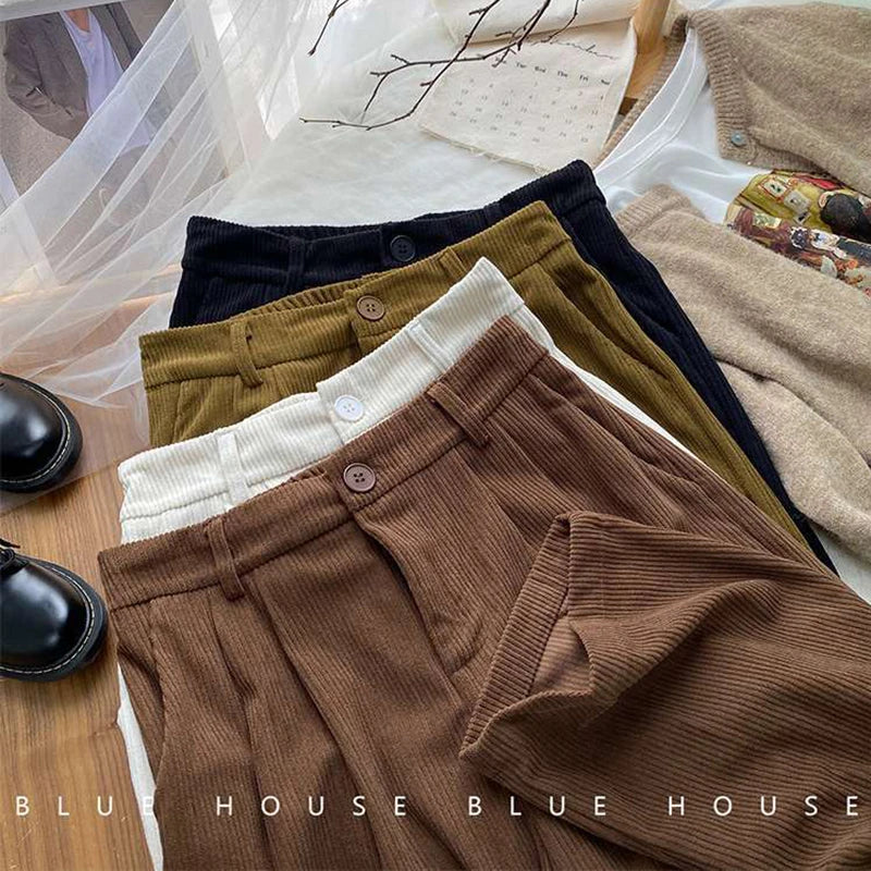 Corduroy Wide Leg Pants Baggy Trousers Harajuku Korean High Waist Black Full Length Pants