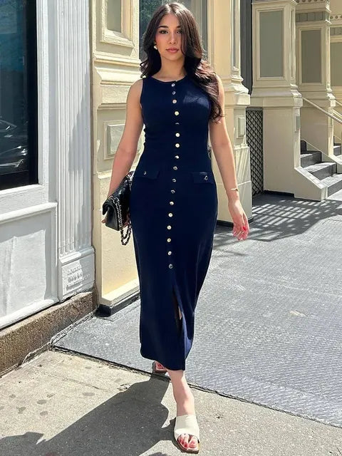 Knit Ribbed Long Dress for Slim Sleeveless Patchwork High Waist Pocket Dress ’s Maxi Dress