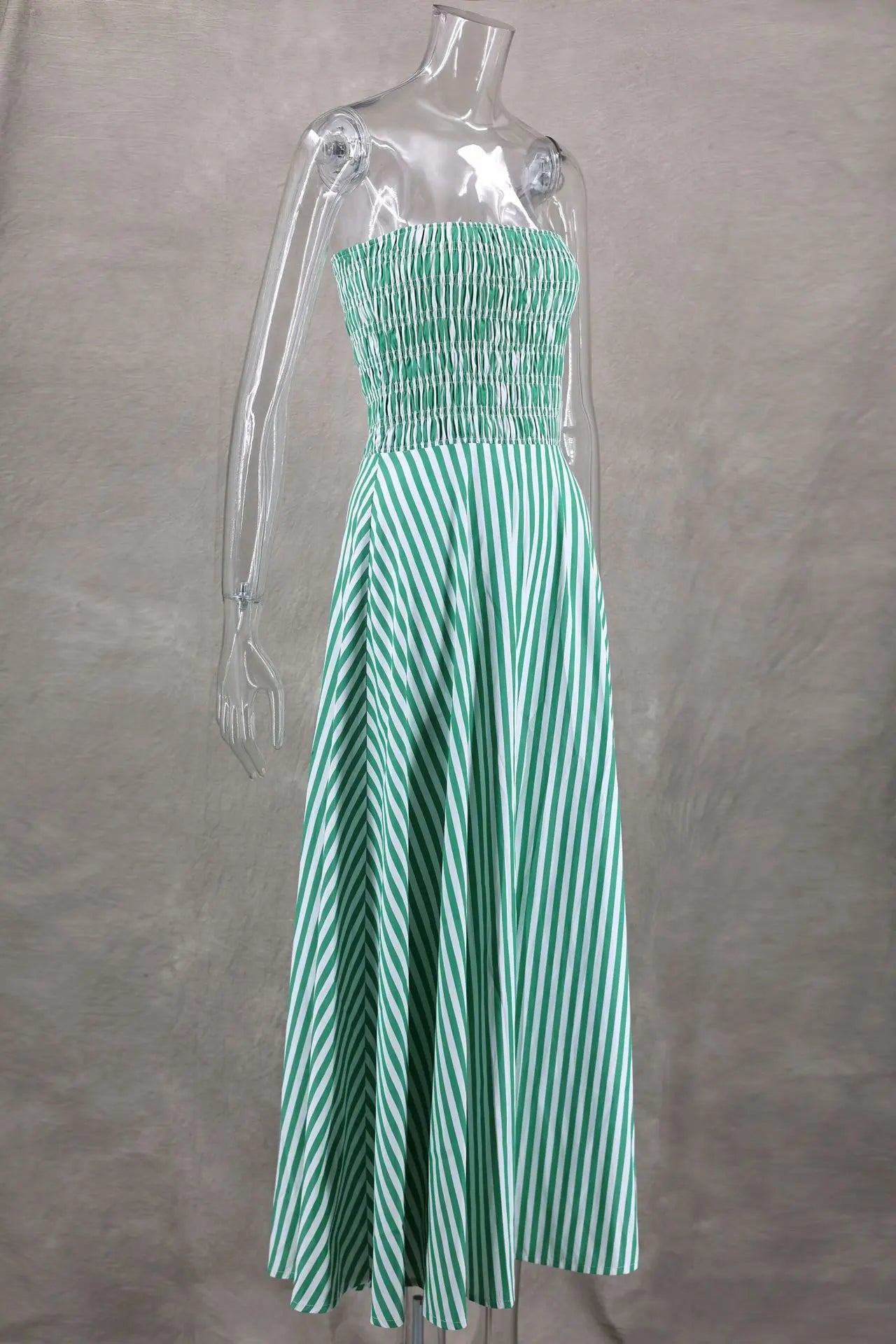 New Green Stripes Maxi Dress Tube Long Beach Dress Off Shoulder Backless Summer Bust Elastic Dresses