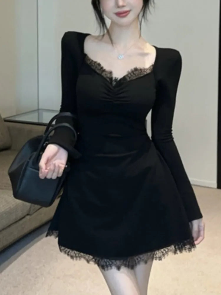 Lace Patchwork Dresses Square Collar Party Mini Dress Autumn Spring Slim Waist Vestidos Female Outfits