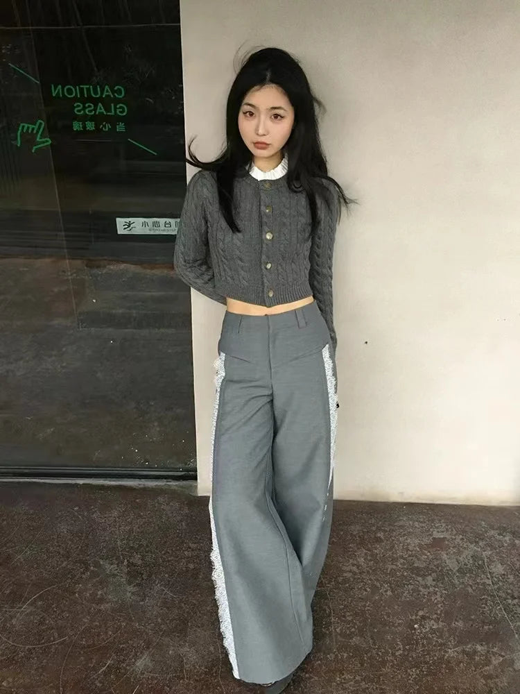 Lace Suit Pants for Y2k Baggy Spliced High Waist Wide Leg Trousers Oversize Office Harajuku Causal Pantalon