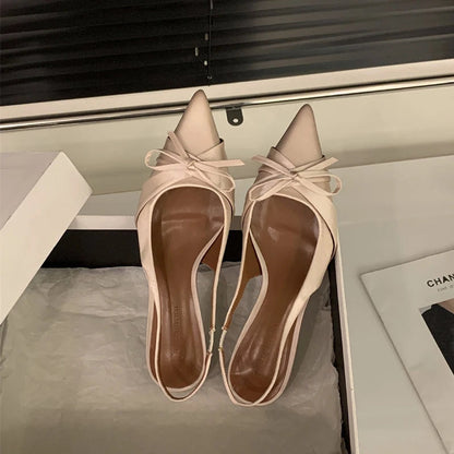 Bowktie Pointed Toe Slingbacks Low Thin Heel Dress Shoes