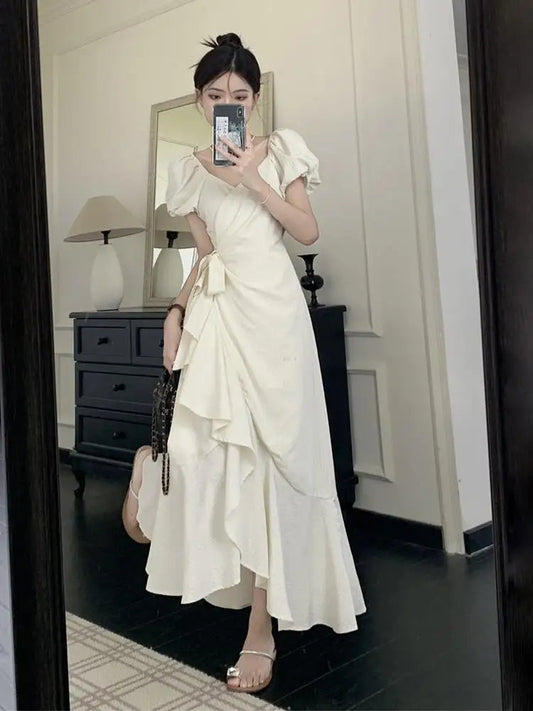 White Vneck Lace Up Short Sleeved Dress Summer New Lotus Leaf Edge Waist Cinching Slim Temperament Long Dresses