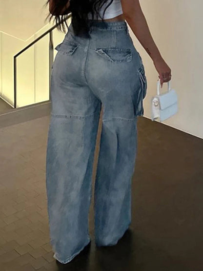 Pockets High Waisted Jeans Woman Autumn Winter Baggy Blue Cargo Pants Loose Denim Pant