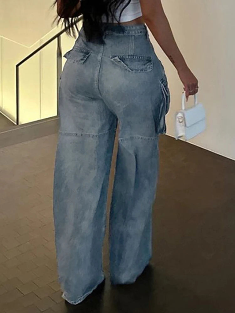 Pockets High Waisted Jeans Woman Autumn Winter Baggy Blue Cargo Pants Loose Denim Pant
