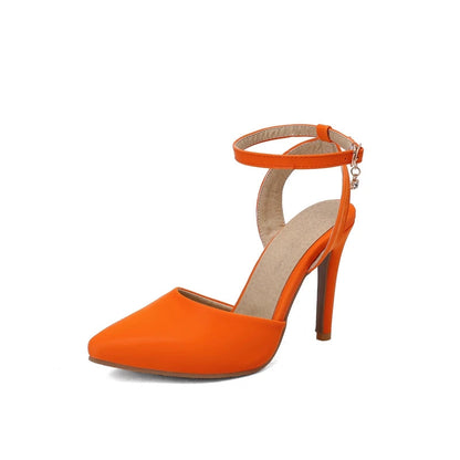 Summer Pu Leather Ankle Strap Buckle Stiletto Pumps Slingback Pointed Toe High Heels Sandals Shoes Large Size 3350