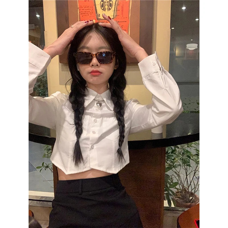 Y2k Cropped White Shirts Preppy Irregular Long Sleeve Blouses Summer Korean Pockets Slim Design Tops