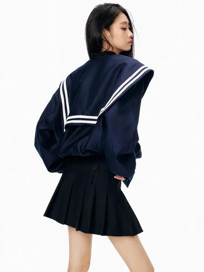 Sailor Collar Jacket Patchwork Long Sleeve Oversize Coat Preppy Style Uniform Old Money Aesthetics Outfits