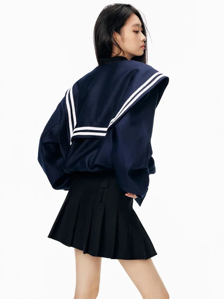 Sailor Collar Jacket Patchwork Long Sleeve Oversize Coat Preppy Style Uniform Old Money Aesthetics Outfits