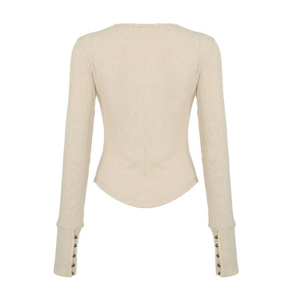 Retro Button Lace Knitted ��s Base T-shirts Long Sleeves Exquisite Slim Fit Autumn Basic Blouses