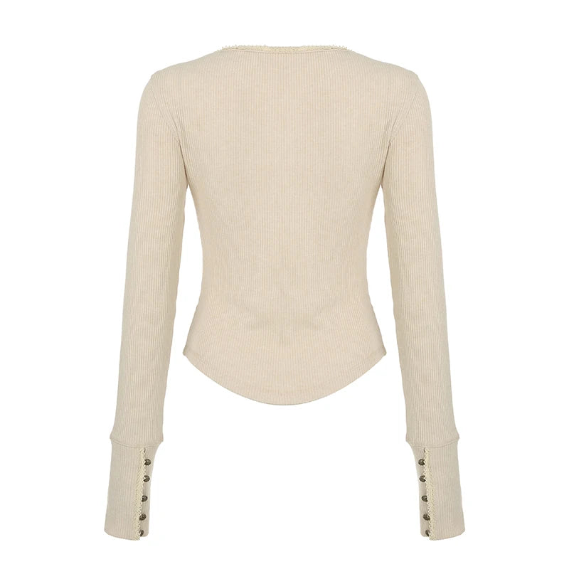 Retro Button Lace Knitted ��s Base T-shirts Long Sleeves Exquisite Slim Fit Autumn Basic Blouses