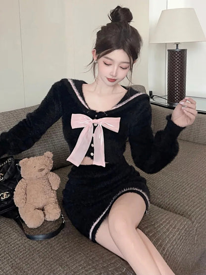 Sweet Hot Girl College Style Suit Autumn and Winter Bow Sweater Wrap Hip Mini Skirt Twopiece Set Female Clothes