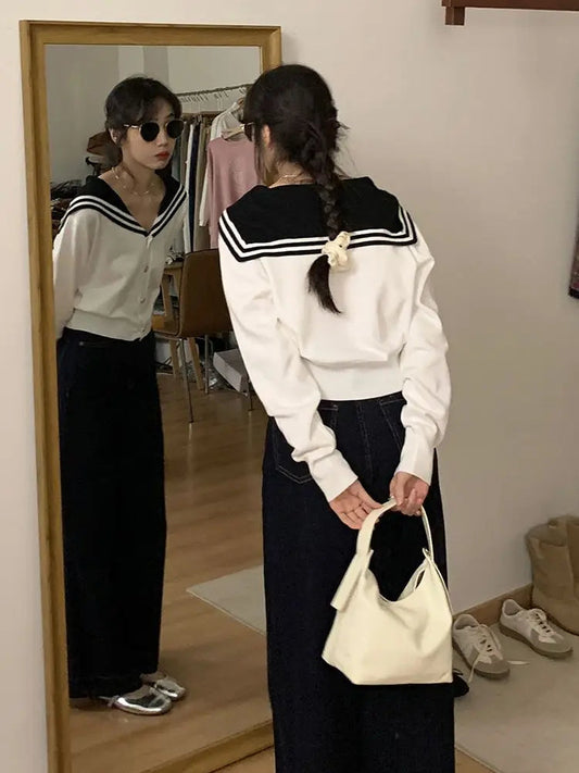 White Navy Collar Knitted Cardigan Age Reduction Clothing Autumn Thin Long Sleeve Sweater Korean Y2k Top
