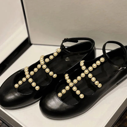 Pearl Tshaped Ballet Shoes for , Shallow Mouthed Flat Bottomed Mary Jane Shoes, Fairy Round Toe Single Shoes
