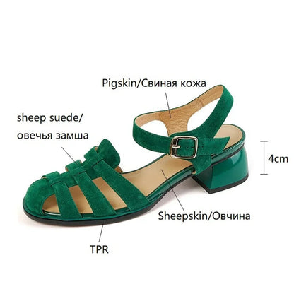 New Summer Sandals Sheep Suede Leather Shoes for Round Toe Chunky Heel Shoes Cover Toe Sandals Gladiator Shoes