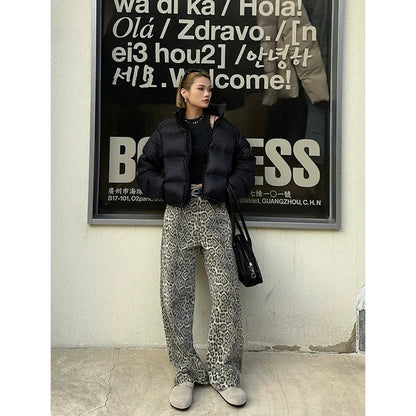 American Retro High Street Overalls Leopard Print Loose Wide Leg Pants for Y2k Hiphop Cargo Grunge Baggy Trousers