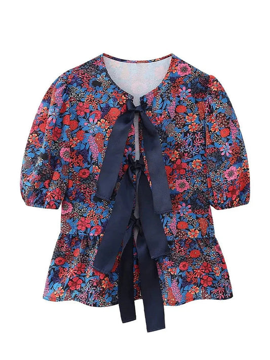 Woman Printed Blouses Top Lace Up Round Neck Short Sleeves Tshirt Female Flounce Cropped Tops
