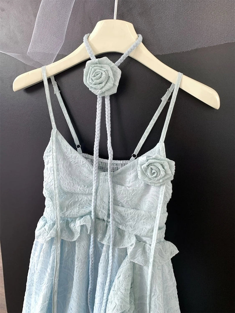 Korean Fairycore Midi Dress for Sweet Spaghetti Strap Halter Ruffles Birthday Party Dresses Summer Holiday Beach Vestidos