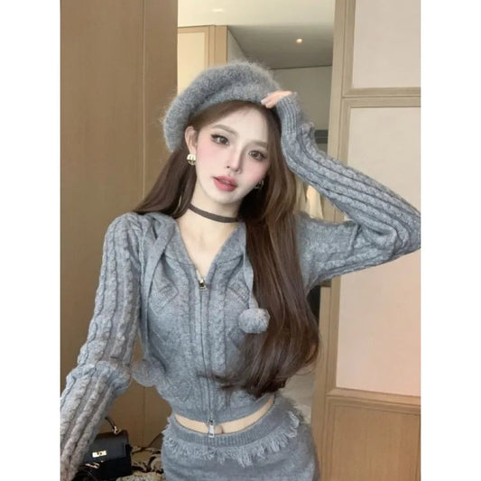 Sweet Hot Girl Suit Autumn Color Zipper Longsleeved Hooded Sweater High Waisted Long Skirt Twopiece Set