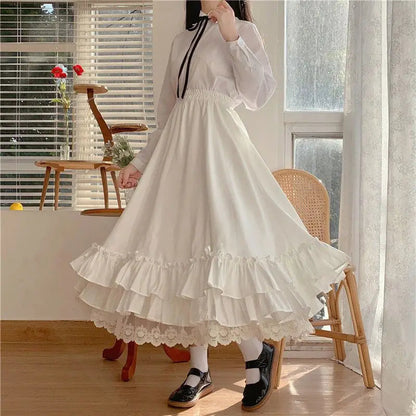 Japanese Color Double Layer French Ruffled Aline Pleated Skirt Hepburn Half Skirt Female White Long Skirt