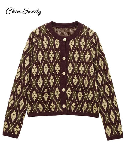Plaid Knitted Slim Cardigan Autumn O-neck Long Sleeve Metal Button Short Sweater Coat Lady All-matching Knitwear New