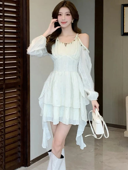 Princess Mini Dress for Sequin Off Shoulder Ruffle Long Sleeve Aline Vestidos Korean Female Short Dresses