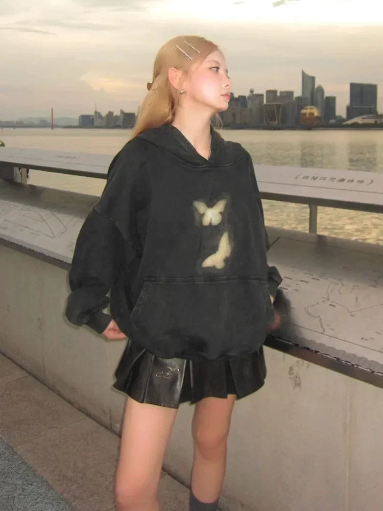 Butterflies Print Black Hoodie Harajuku Oversized Pullover Sweatshirts Maillard Reaction Cotton Clothes