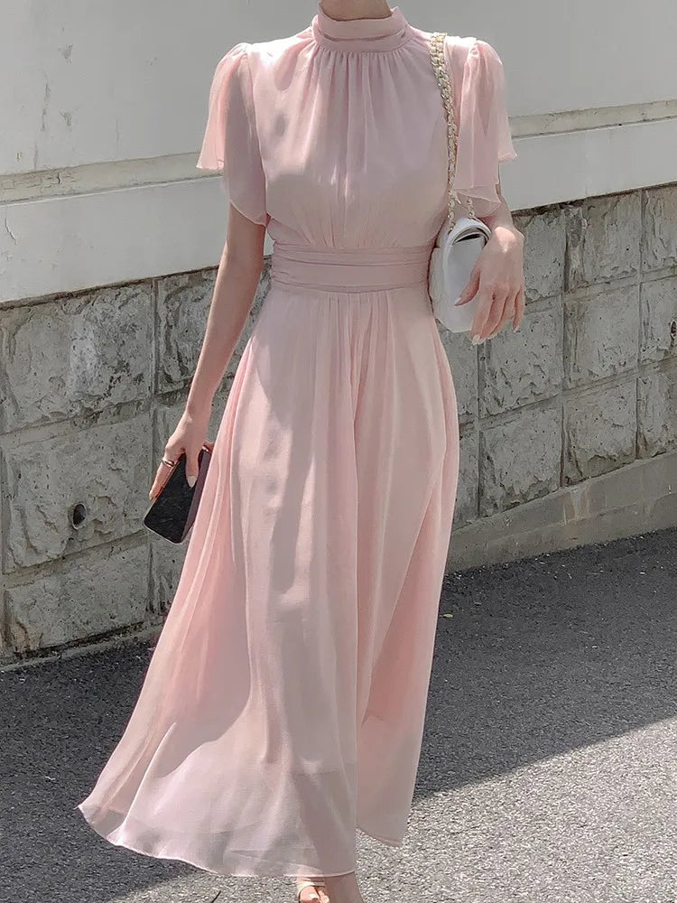 Midi Dresses for Ruffles Half-high Collar A-line Office Lady Korean Autumn Vestidos Mujer New