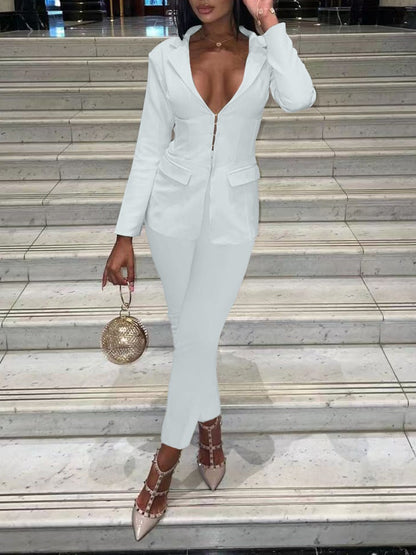 V Neck Pocket Design Blazer Pants Set Bo1156