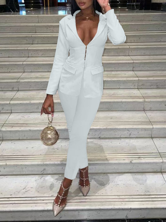 V Neck Pocket Design Blazer Pants Set Bo1156