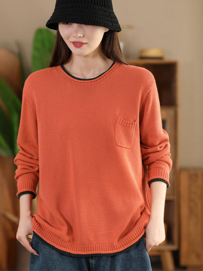 Autumn Colorblock O-neck Cotton Knit Blouse Ai1068