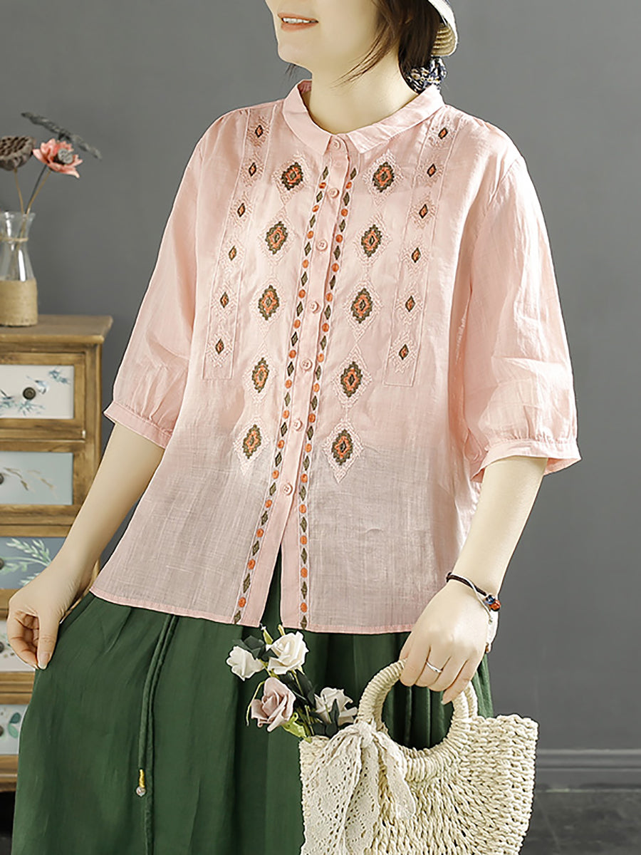 Rhomboids Embroidery Ramie Button Up Blouse Kl1031