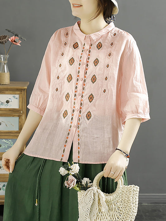 Rhomboids Embroidery Ramie Button Up Blouse Kl1031