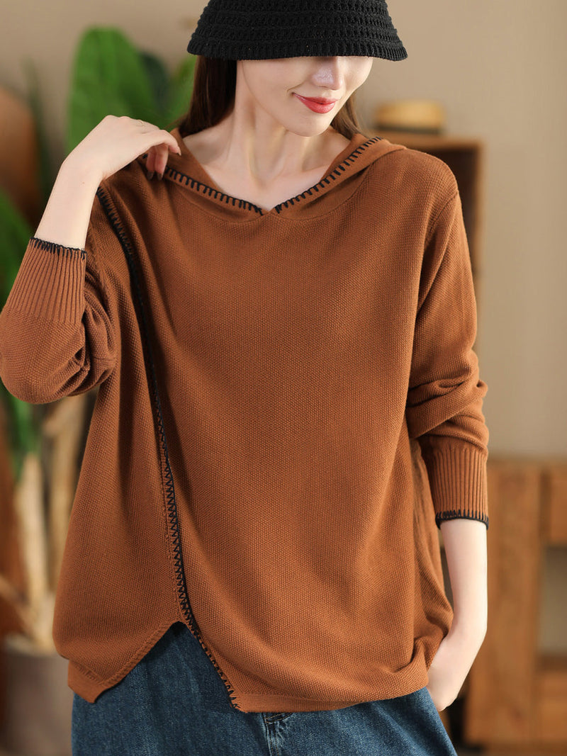 Autumn Split Hem Knit Hooded Blouse Ai1066