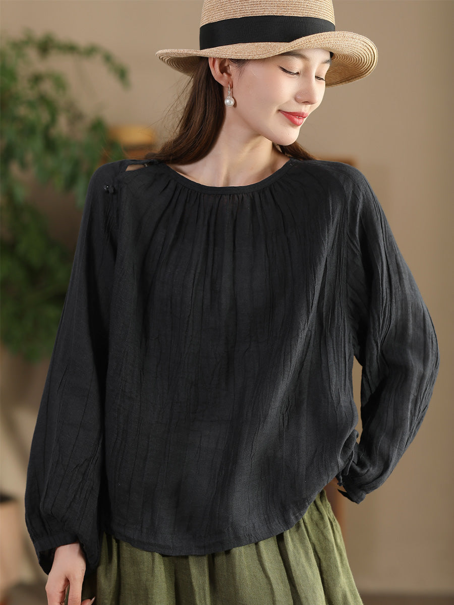 Summer Artsy Strap Hem O-neck Ramie Blouse As1026